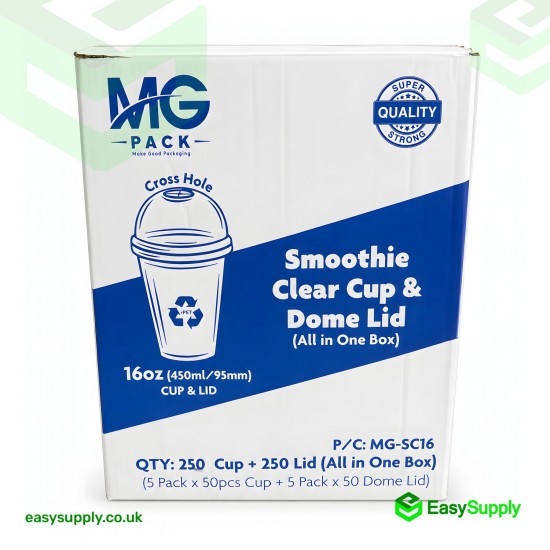 16 oz 450 ml 95 mm Smoothie Clear Cup & Dome Cross Hole Lid All In One Box 250 Pcs Cups & 250 Pcs Lids